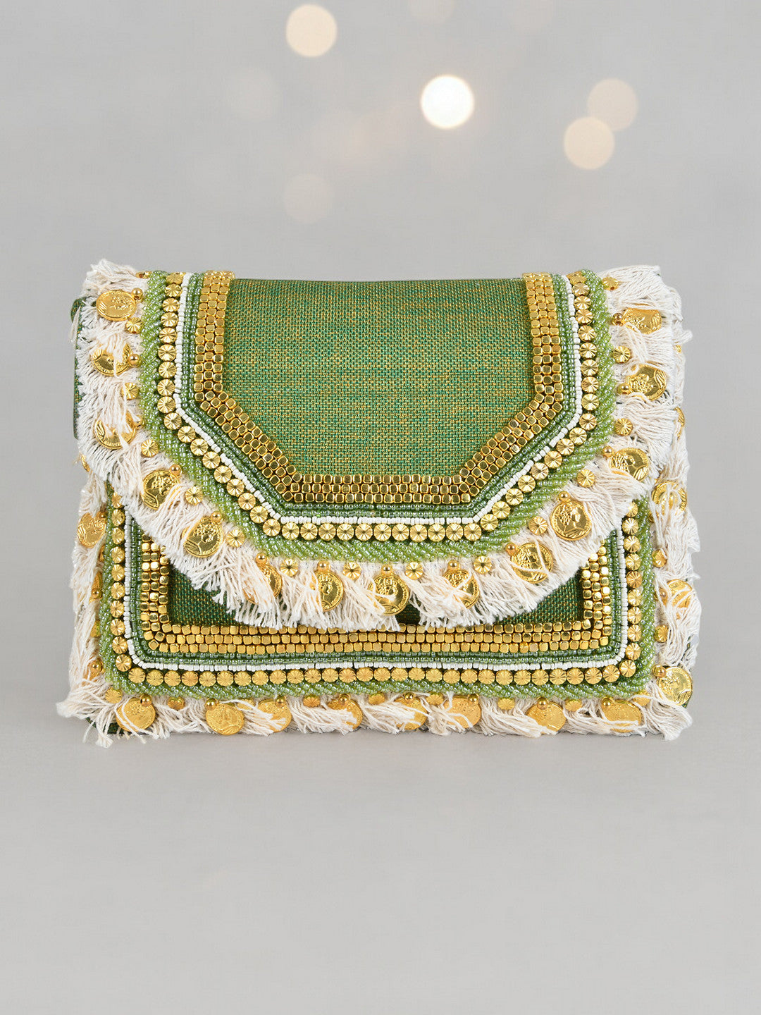 Green Clutch with Embellishments and Embroidery