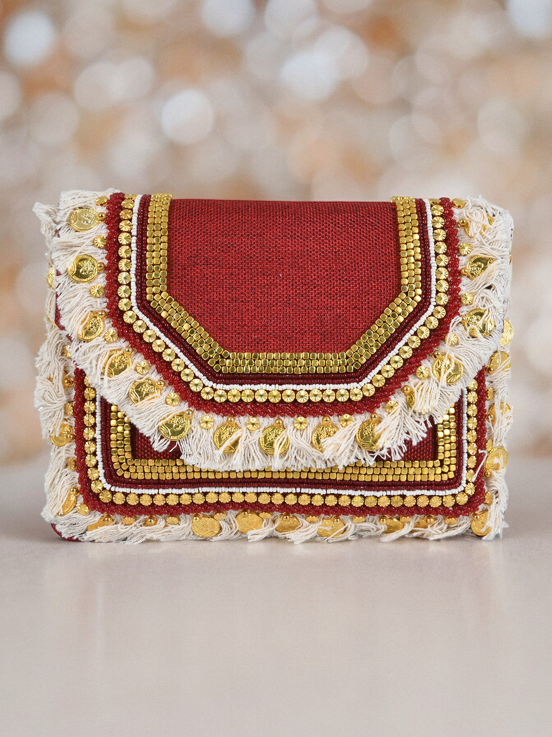 Red Purse with Embellishments and Embroidery