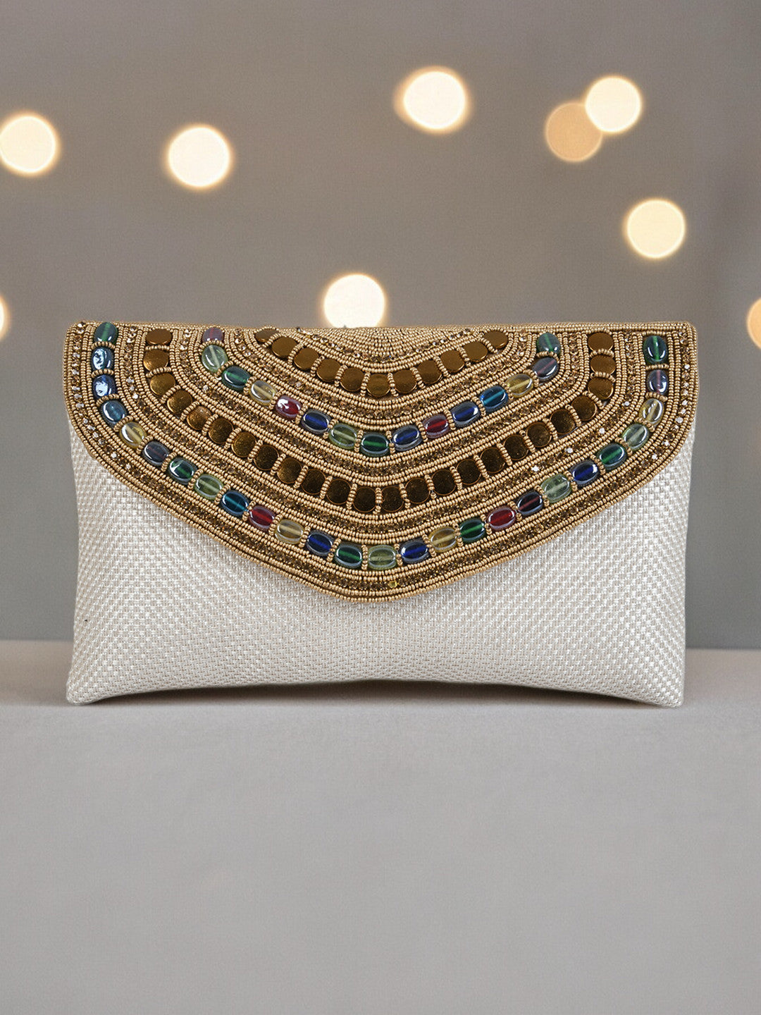 White Purse with Embellishments and Embroidery