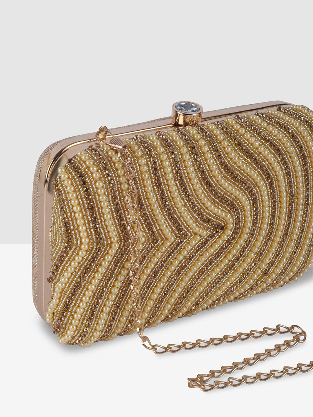 Golden Purse with Circular Multi-Shell Embellishments and Embroidery