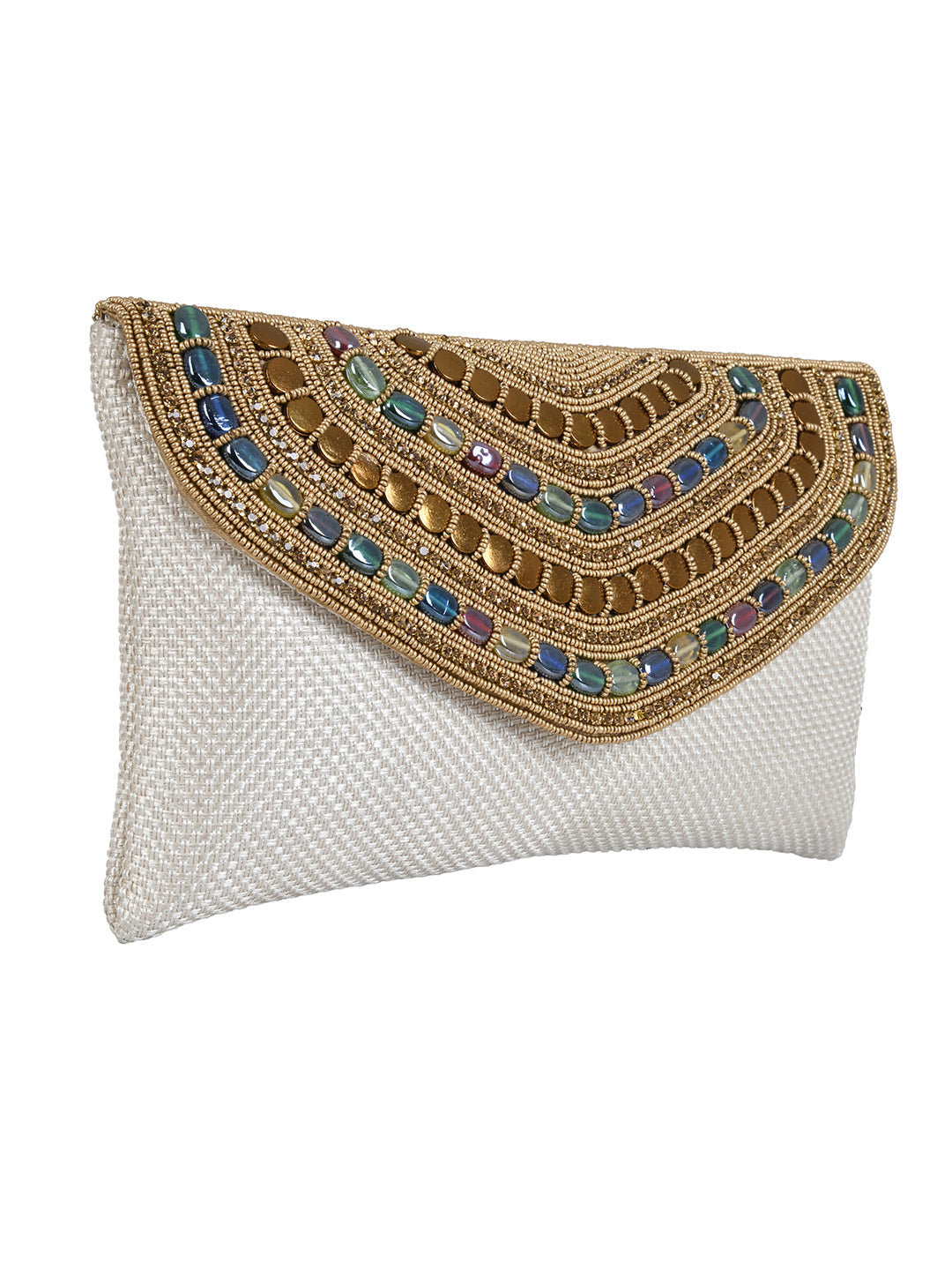 White Purse with Embellishments and Embroidery