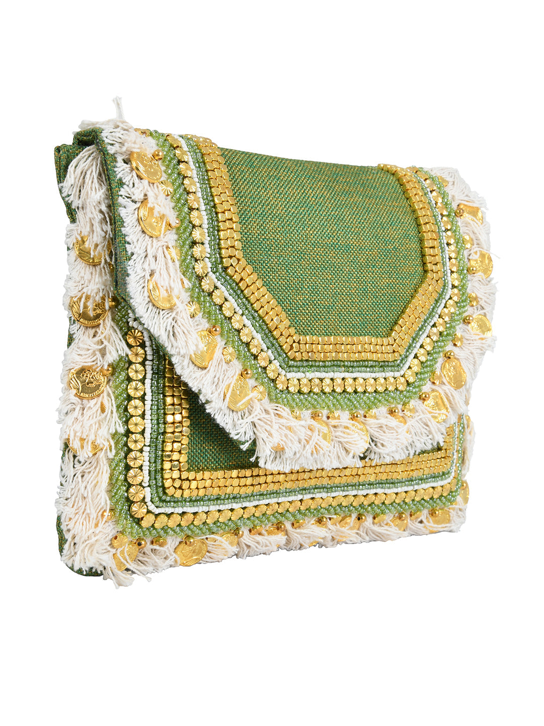 Green Clutch with Embellishments and Embroidery