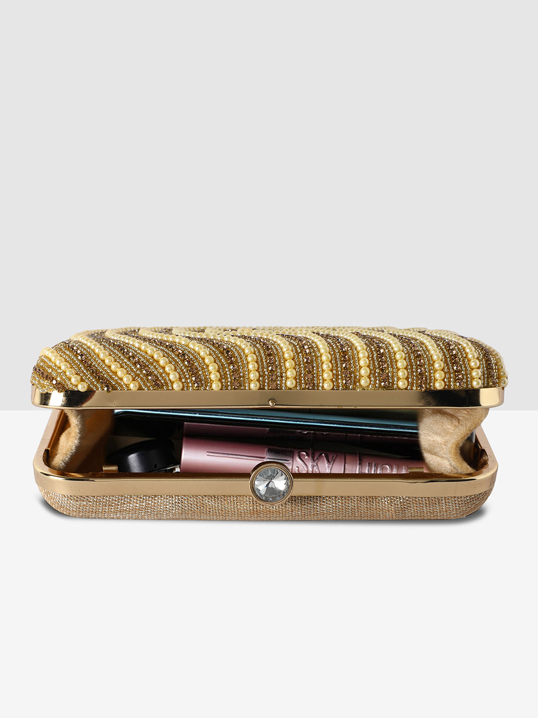Golden Purse with Circular Multi-Shell Embellishments and Embroidery