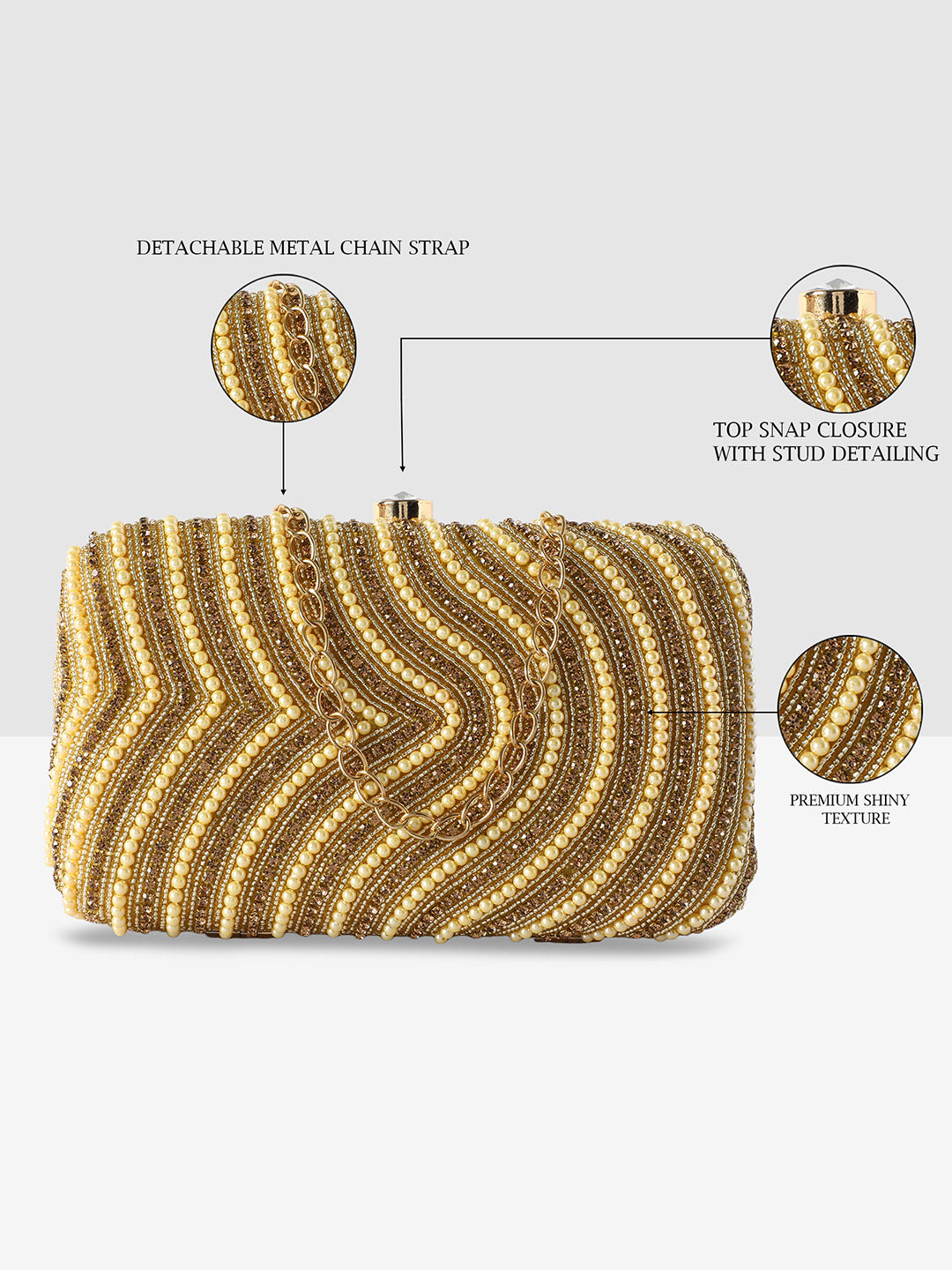 Golden Purse with Circular Multi-Shell Embellishments and Embroidery