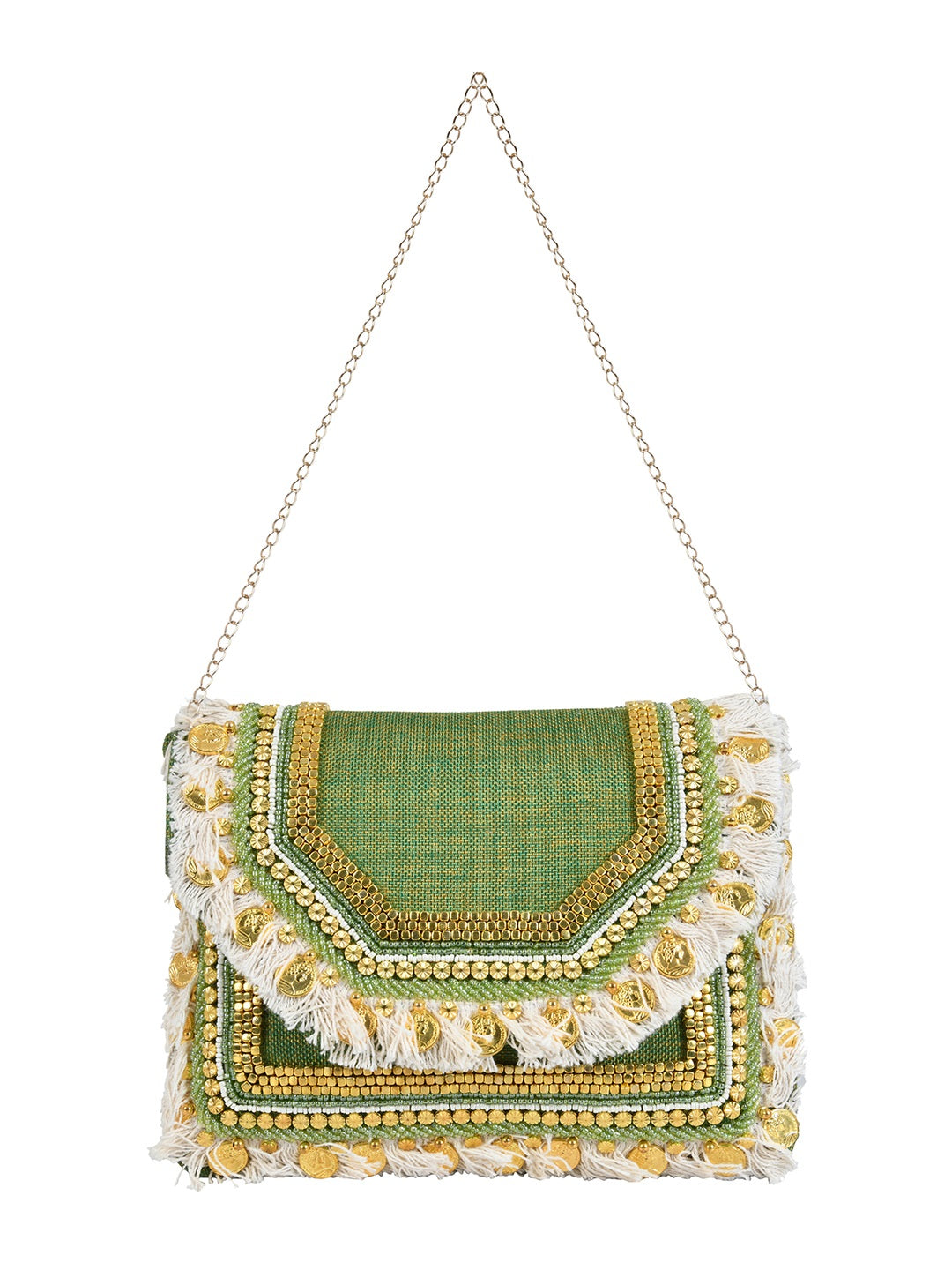 Green Clutch with Embellishments and Embroidery