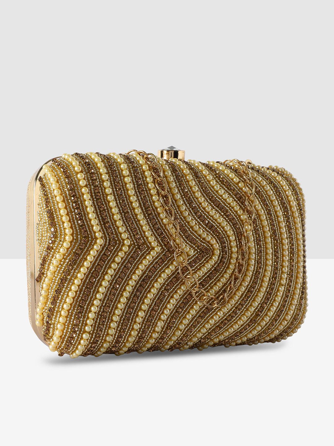 Golden Purse with Circular Multi-Shell Embellishments and Embroidery