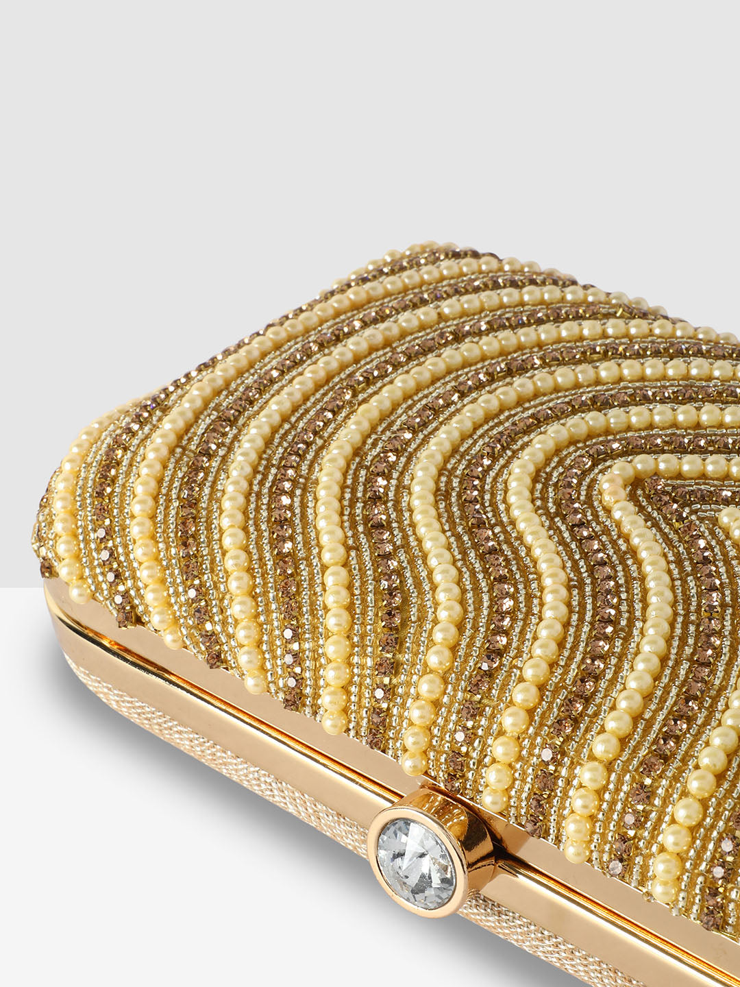 Golden Purse with Circular Multi-Shell Embellishments and Embroidery