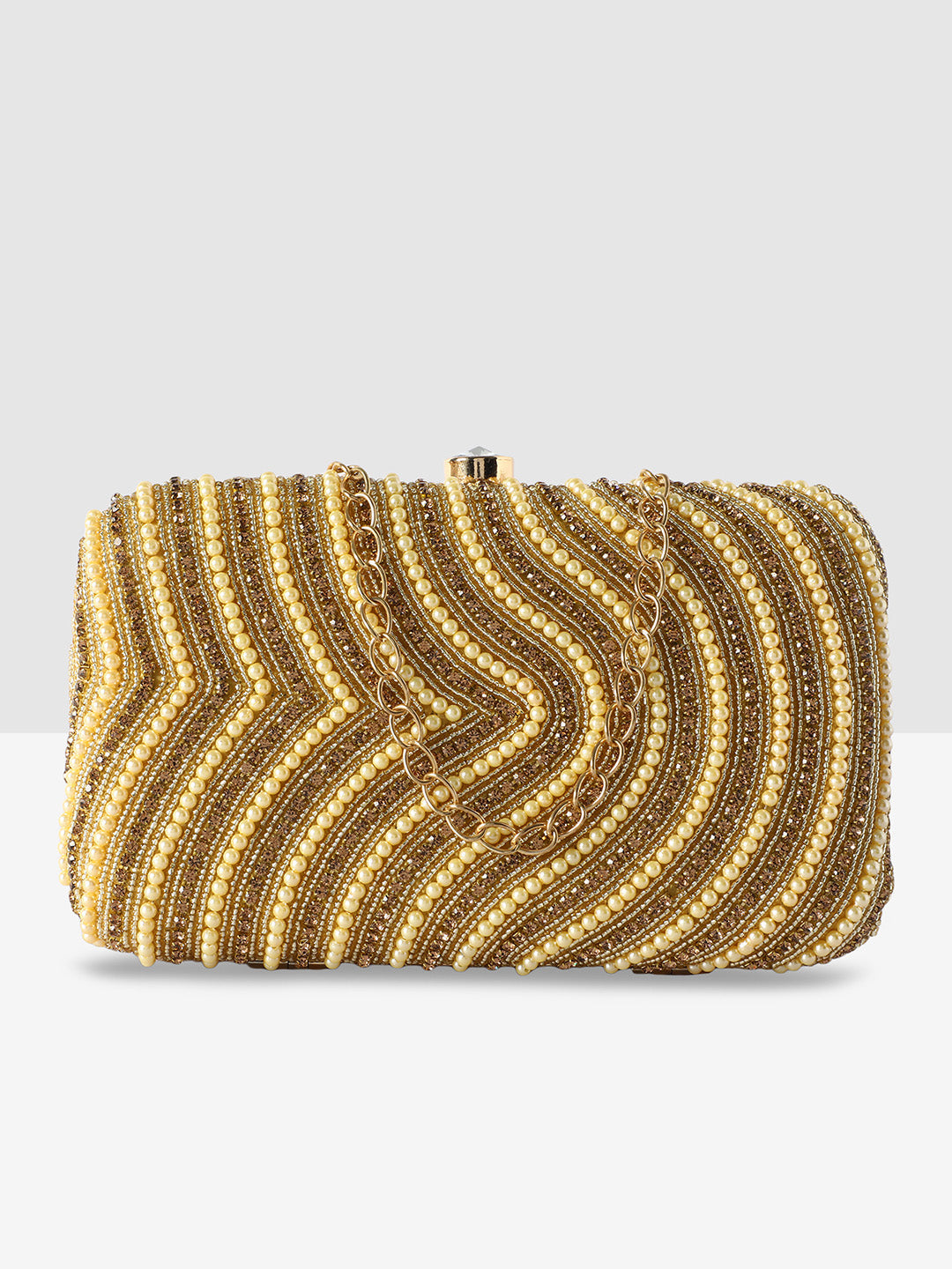 Golden Purse with Circular Multi-Shell Embellishments and Embroidery