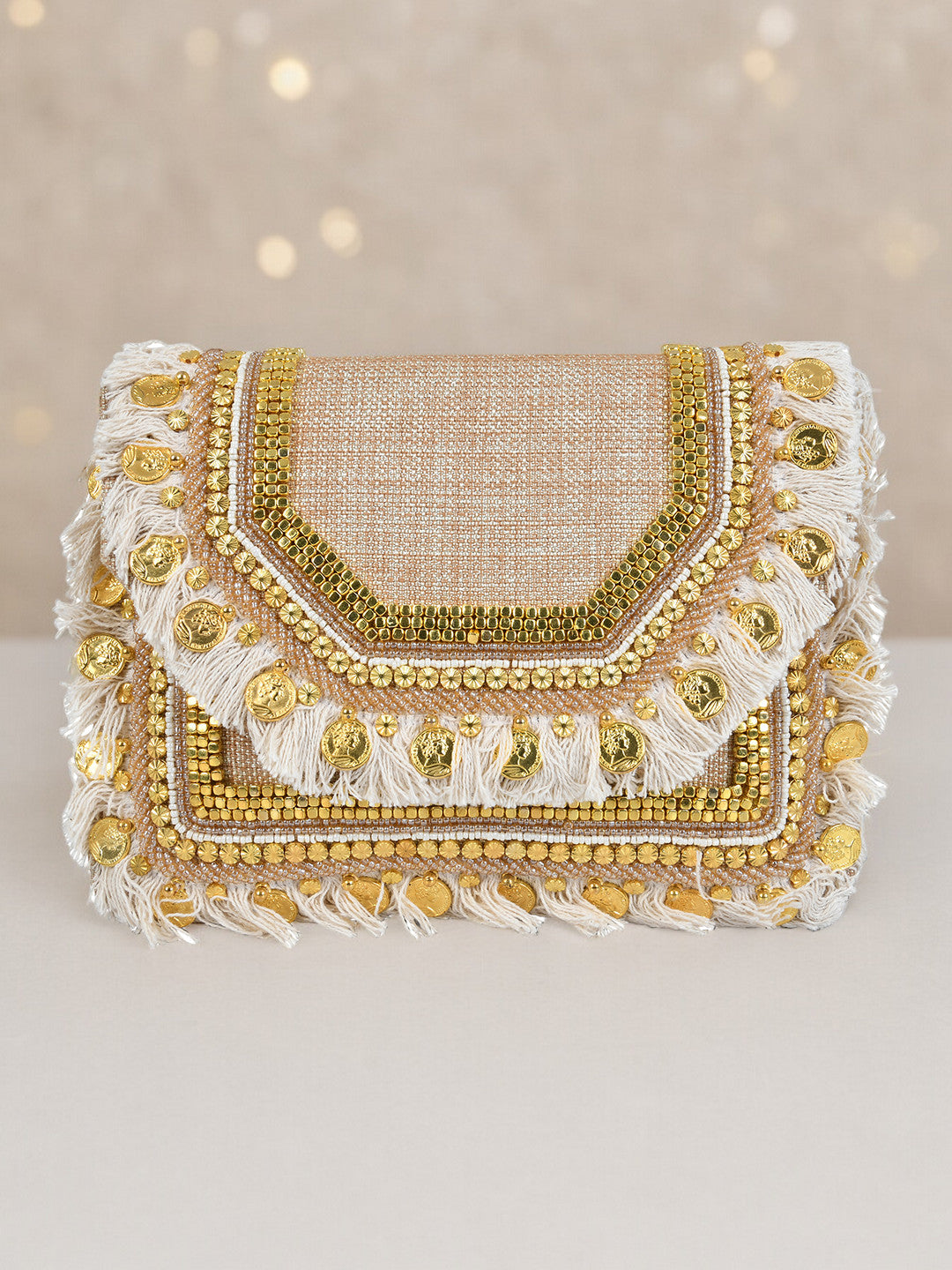 Beige Purse with Embellishments and Embroidery