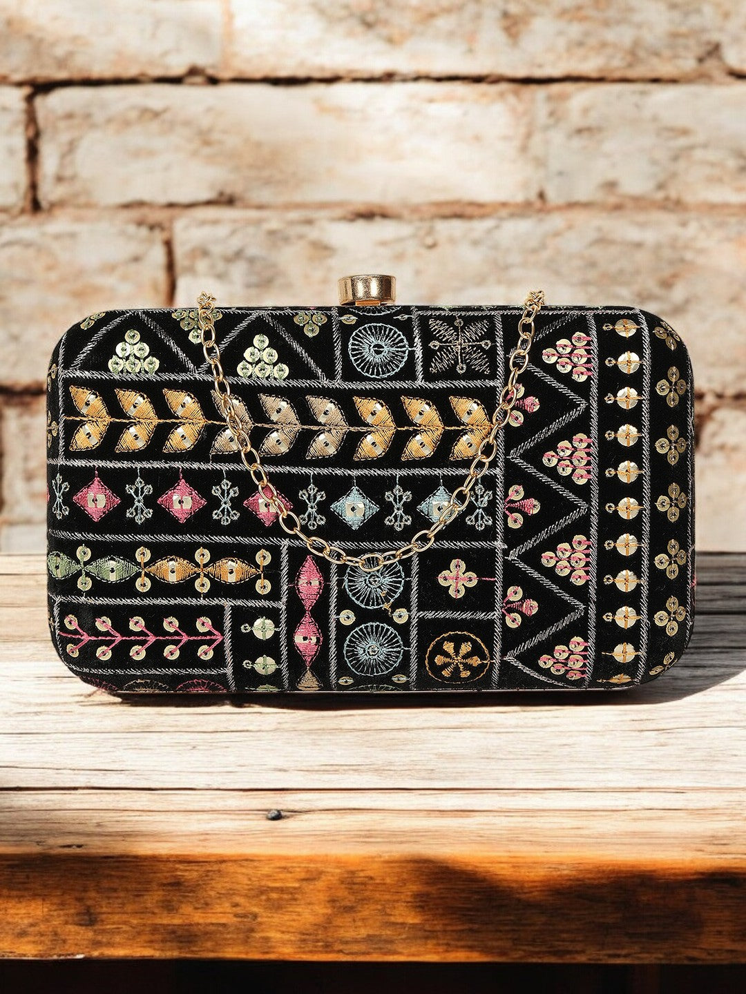 Block Elegance Embroidered Frame Clutch