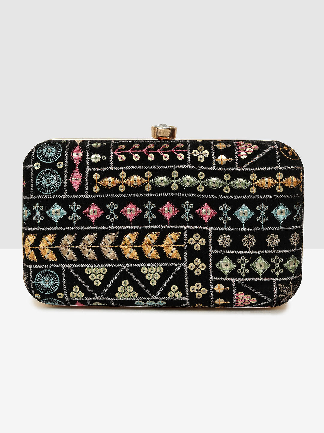 Block Elegance Embroidered Frame Clutch