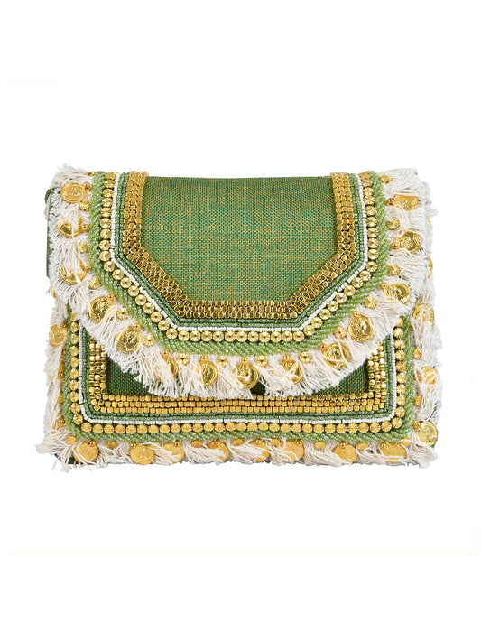 Green Clutch with Embellishments and Embroidery