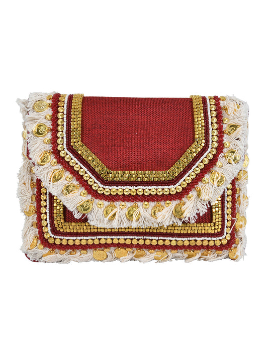 Red Purse with Embellishments and Embroidery