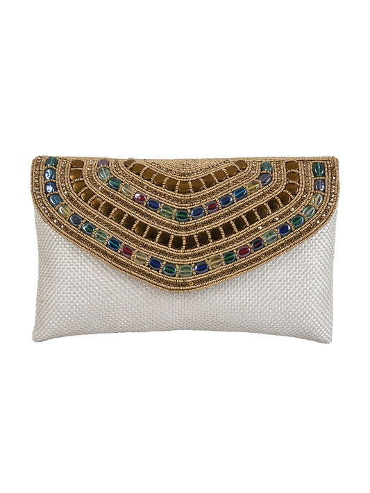 White Purse with Embellishments and Embroidery