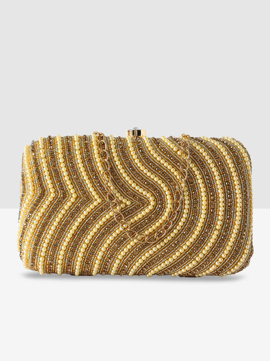 Golden Purse with Circular Multi-Shell Embellishments and Embroidery
